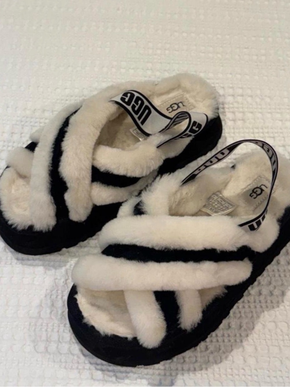 UGG Black & White Plush Crisscross Slingback Slides